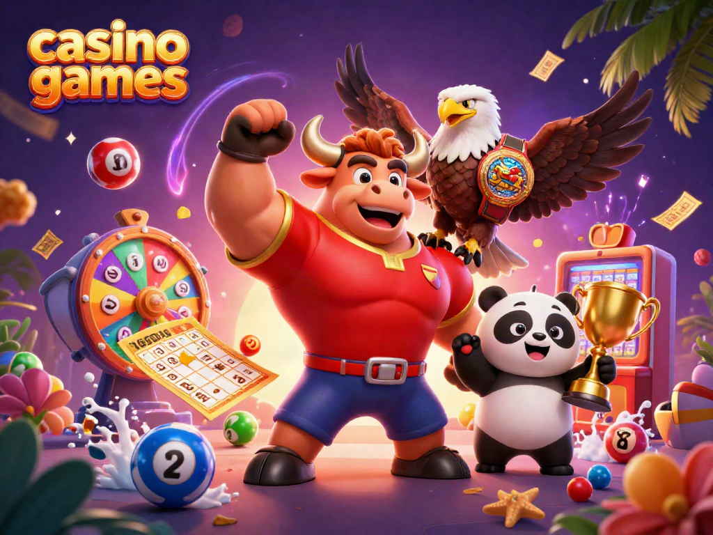 Engaging characters celebrate casino games in a vibrant 3D illustration filled with dynamic elements.