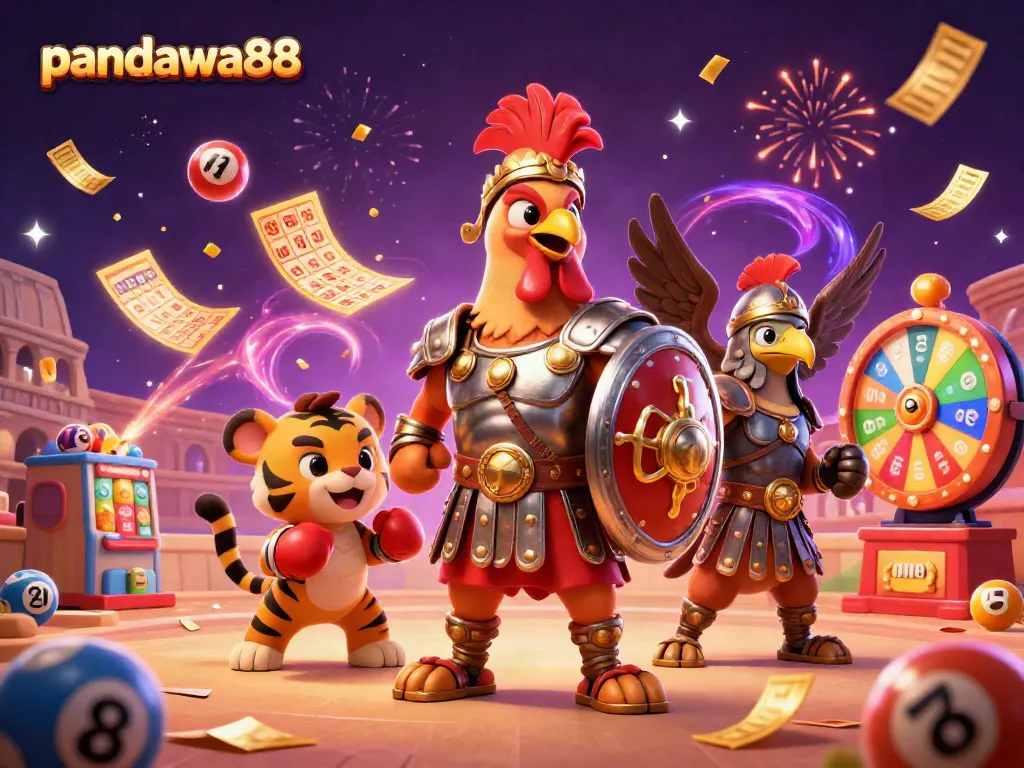 Menangkan jackpot dengan pandawa88 menggunakan roda hadiah dan bola lotre berwarna cerah.