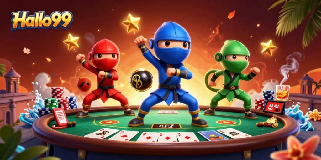 Experience thrilling gameplay with Halo99 as ninja chameleons showcase poker mastery in vibrant 3D!