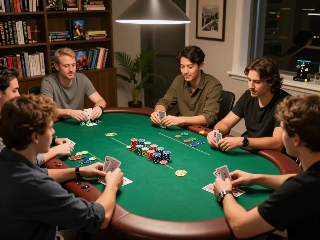 Friends enjoying a poker night at home, showcasing the engaging atmosphere of social gaming at 79club.