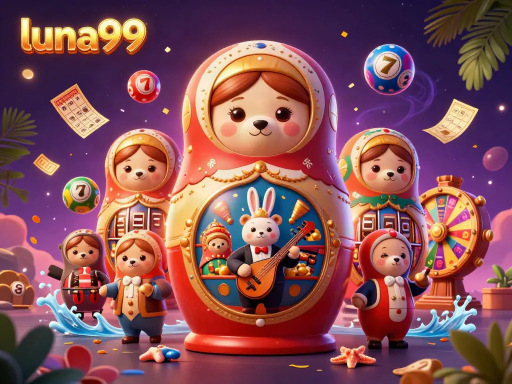 Permainan seru di luna99 dengan beruang Matryoshka, dadu berputar, dan bola lotere warna-warni.
