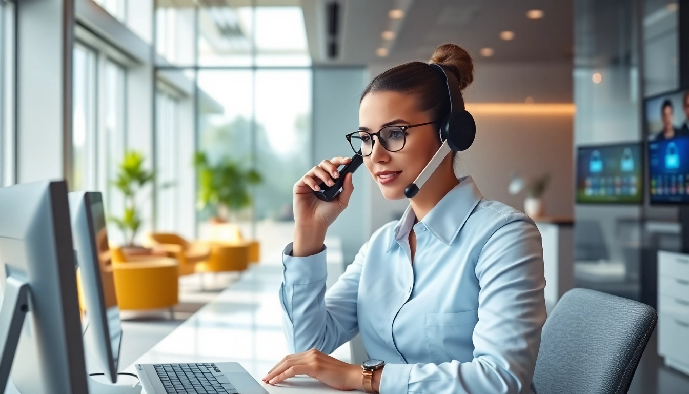 Professional AI Receptionist engaging in a call in a modern office setting.