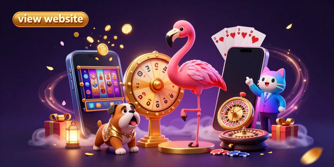 Exciting scene of a 3D cartoon flamingo host and bulldog contestant celebrating casino wins as players view website promos.