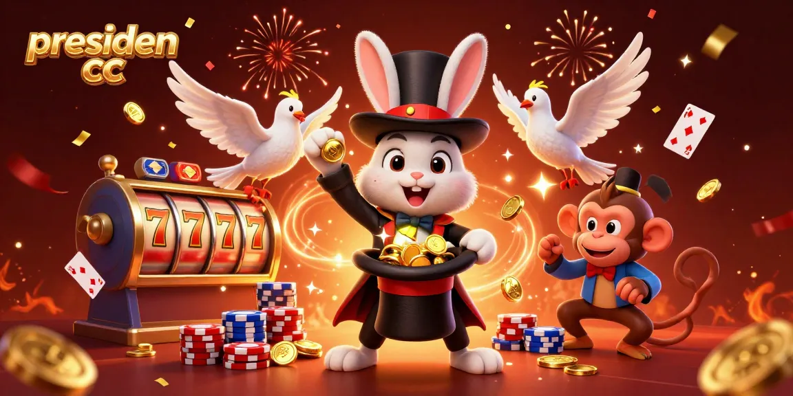 Join the magic of presiden cc as a rabbit conjures wealth from a top hat in a thrilling casino scene.
