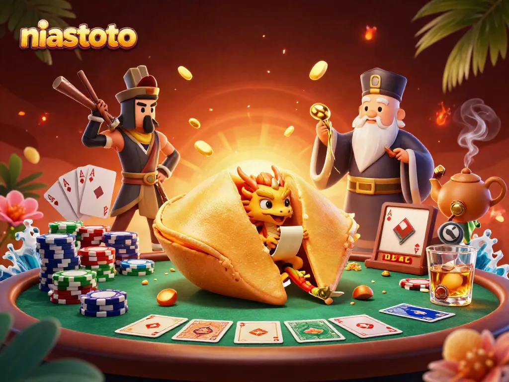 Gambaran kasino 3D yang berwarna cerah dengan karakter niastoto dan elemen permainan poker.