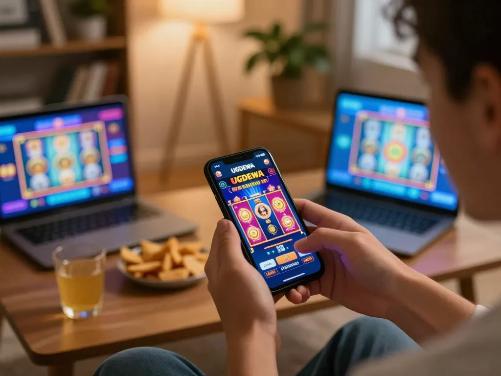Play exciting gaming sessions on UGDEWA app, featuring vibrant slot games on a smartphone.