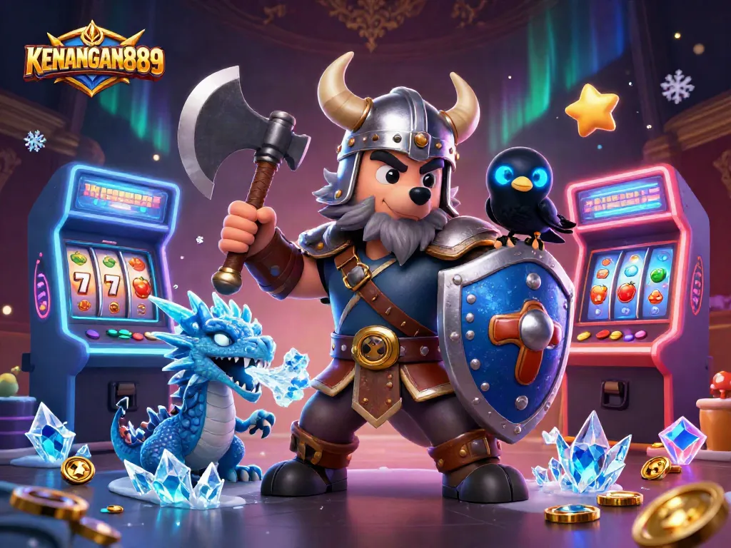 Engage in thrilling action at KENANGAN889 with a heroic Viking wolf battling with dynamic casino elements.