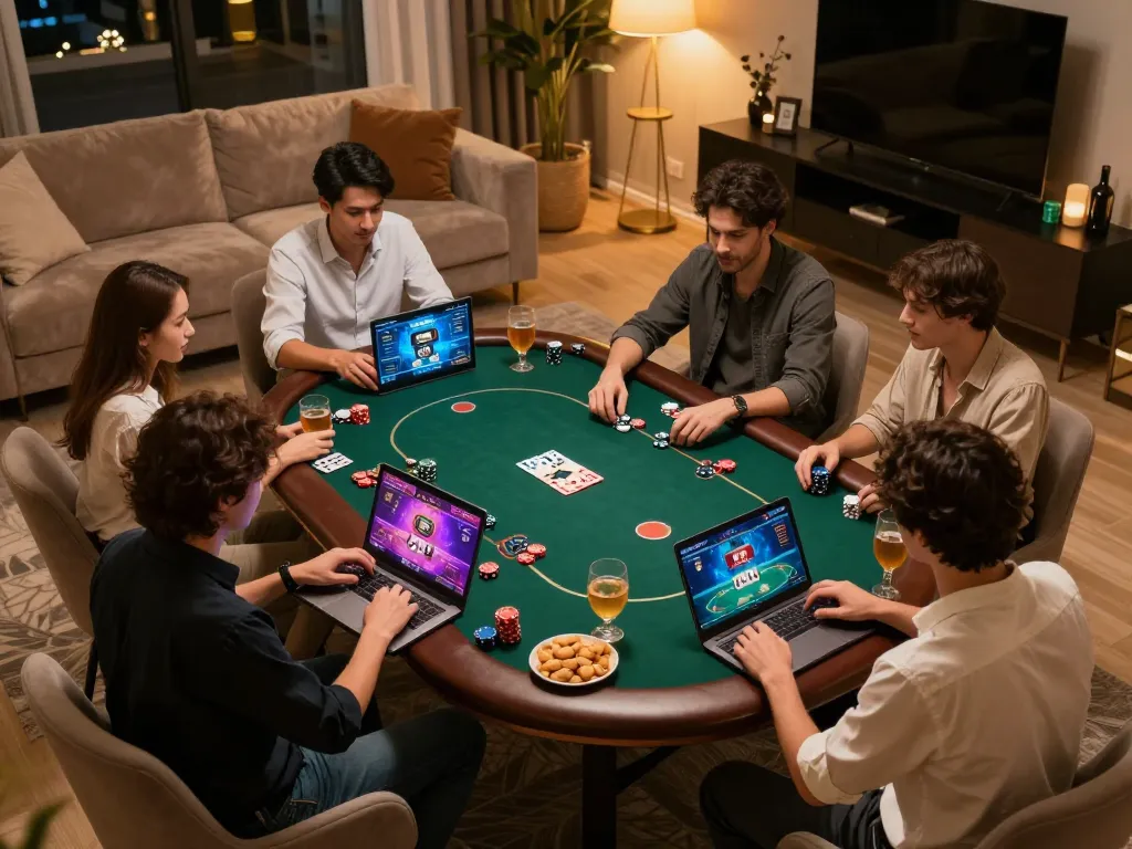 Kkwin players engaged in a lively online poker session, enjoying a cozy home setting with vibrant graphics.