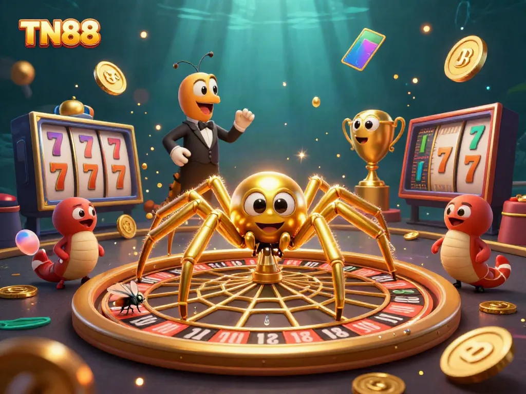 Bet on TN88 with a thrilling illustration capturing a dynamic casino scene featuring key gaming elements.