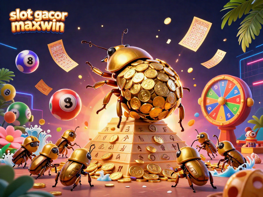 Experience thrilling slot gacor maxwin action in this vibrant 3D illustration featuring golden beetles and casino elements.