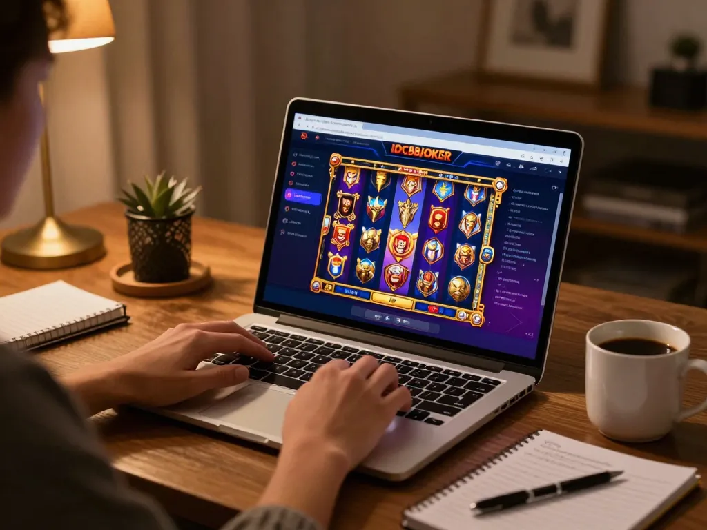 Engaging in strategic gameplay at IDC88JOKER, showing vibrant online slots and a cozy setup