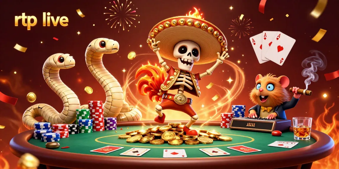 Engage with rtp live action as a mariachi rooster celebrates on golden coins amidst vibrant casino elements.