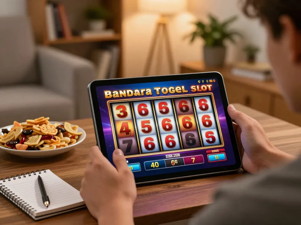 Bermain Bandar Togel Slot secara online dari ruang tamu yang nyaman, menampilkan gulungan slot berwarna-warni dan suasana yang nyaman