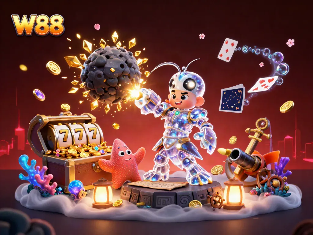 Win thrilling jackpots at W88 with a galaxy-themed casino adventure illustration.