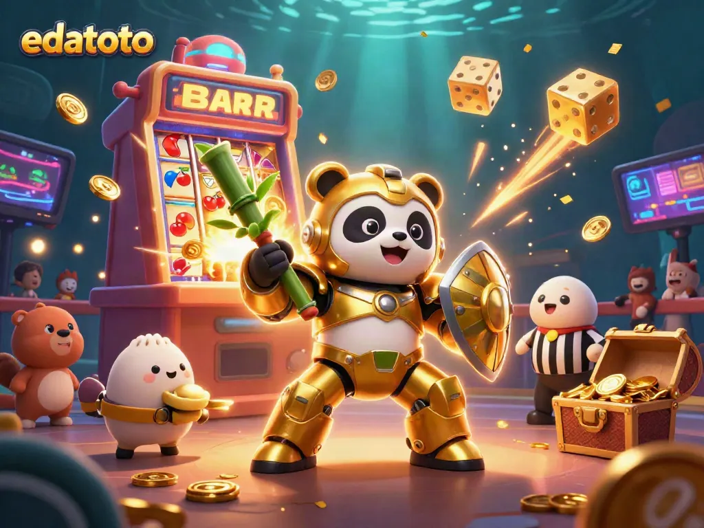 Gerdakan keseruan di edatoto dengan panda emas berpakaian mech, robot bertarung, dan mesin slot meledak jackpot.