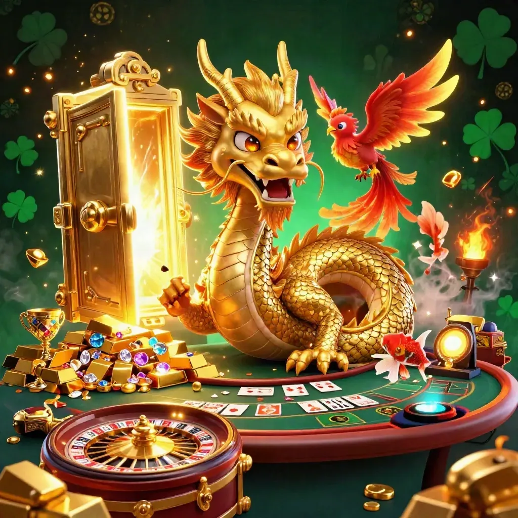 Naga emas, phoenix merah, koi, dan harta kasino mewah dalam komposisi sinematik.