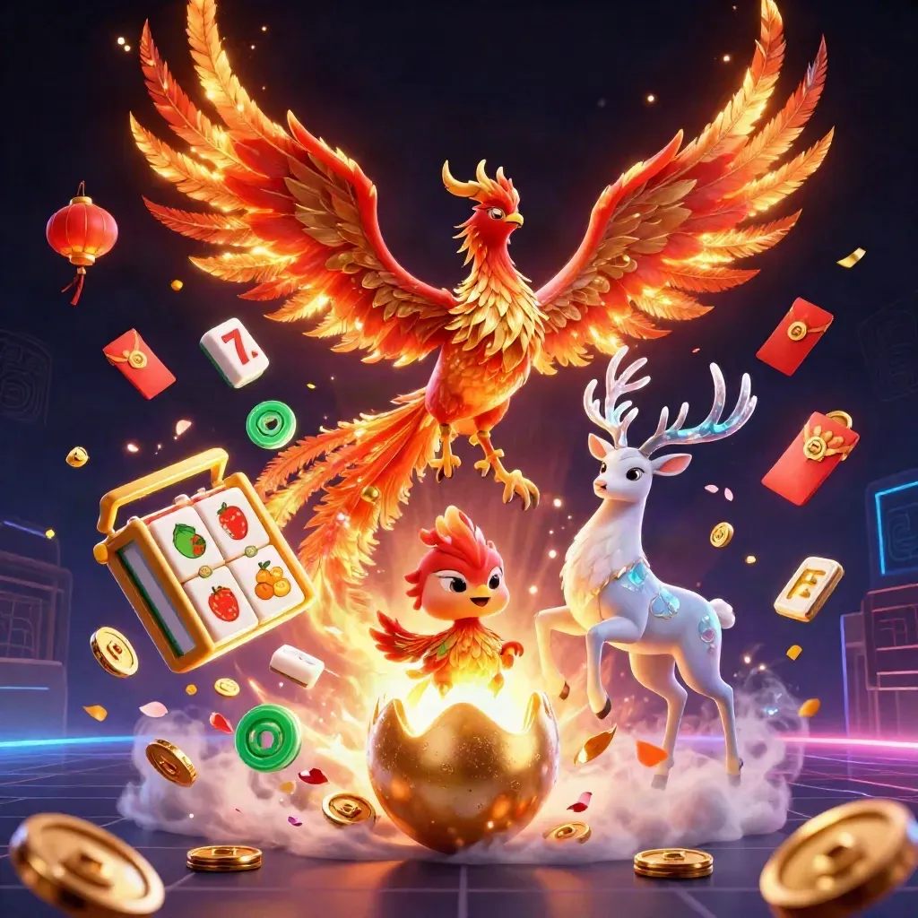 Phoenix, rusa mistis, dan bayi phoenix meledak dengan emas dan neon merah.