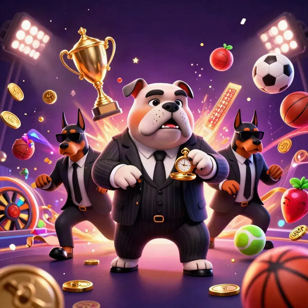 Bulldog mafia 3D dengan dua doberman, bola olahraga, koin emas, dan ledakan neon merah.