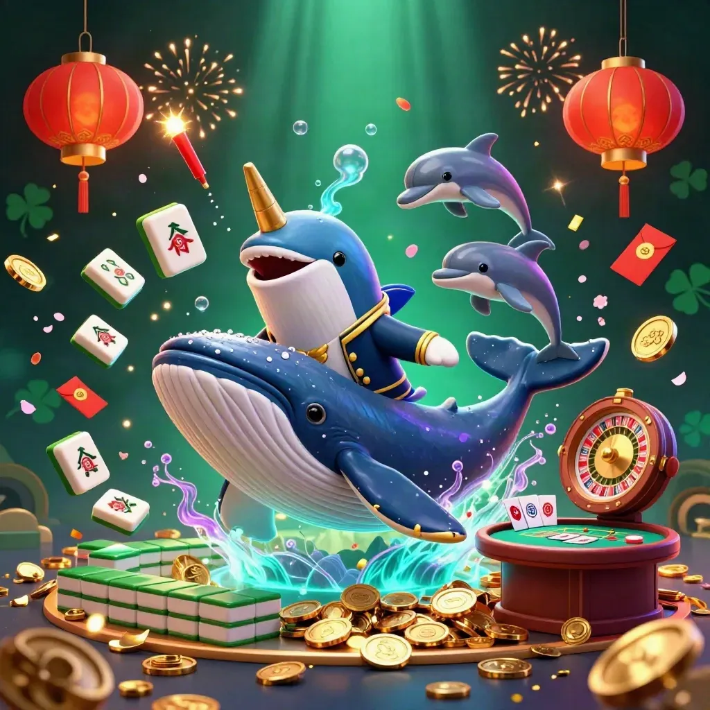 Hiu kapten raksasa, narwhal, dan lumba-lumba di tengah koin, lampion, dan efek kembang api mewah.