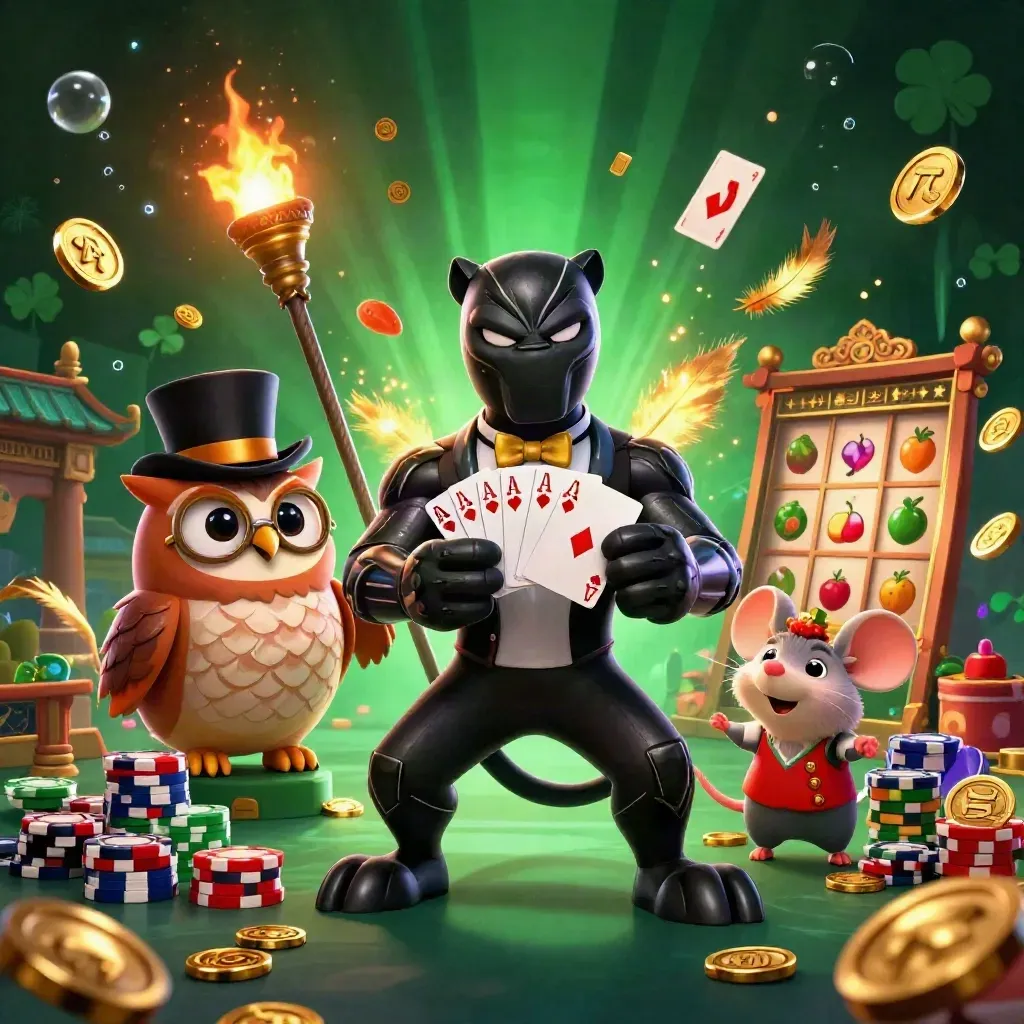Panther tuxedo, burung hantu, dan tikus main kartu di kasino fantasi neon emas-hijau.