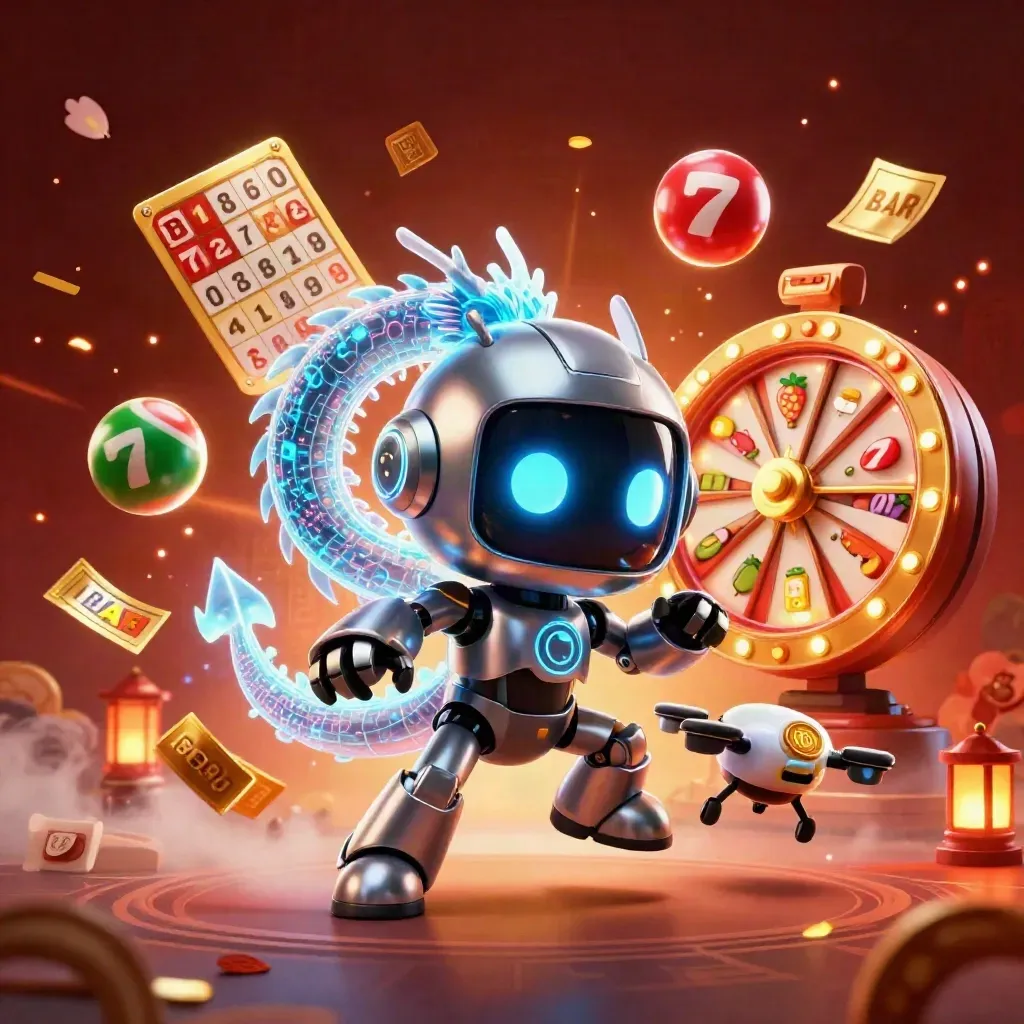 Robot cyberpunk, naga holografik, dan drone koin dikelilingi bola lotre dan efek emas.