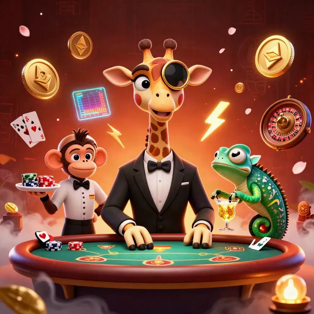 Jerapah kasino, monyet valet, dan bunglon bartender di meja poker emas.