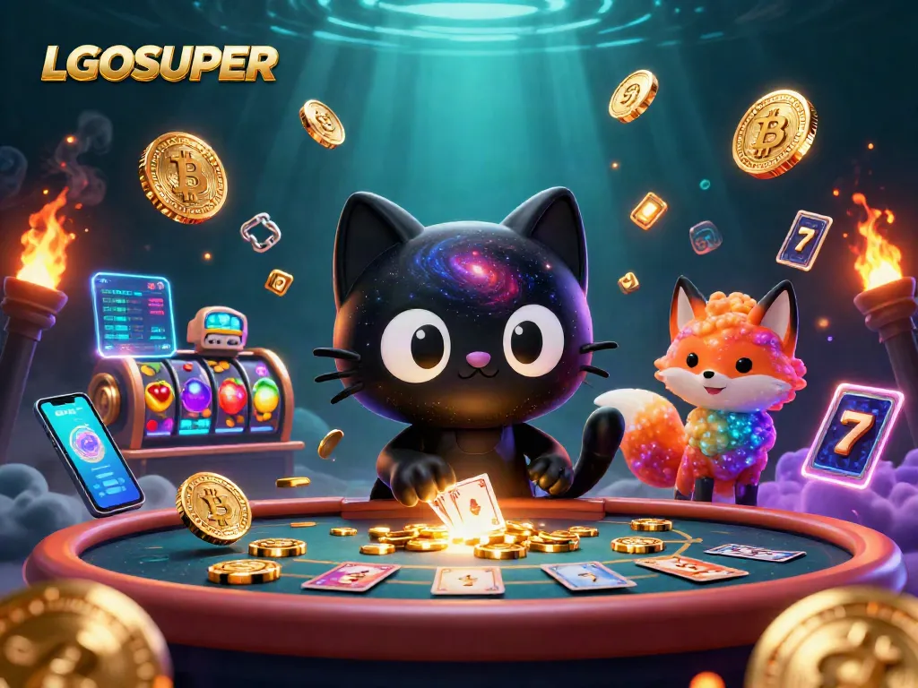 Engage with LGOSUPER's cosmic casino scene featuring a black hole cat and immersive slot gaming elements.