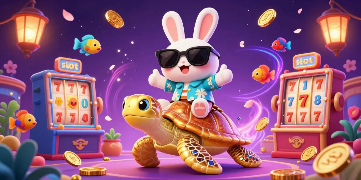 Engage with slot excitement through vibrant 3D illustration featuring a lucky rabbit and golden turtle in a whimsical casino.
