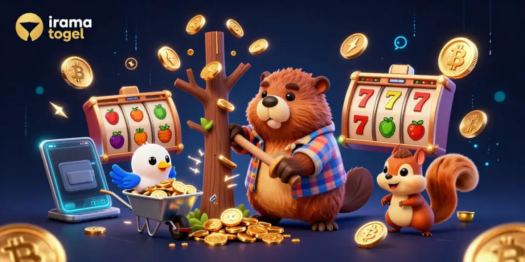 Experience thrilling gameplay with irama togel amidst golden coins and vibrant game elements in this dynamic casino scene.