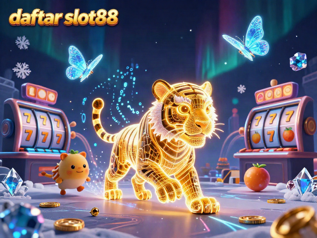 Experience the vibrant casino atmosphere with the daftar slot88 as a neon tiger roams through slot reels, showcasing excitement and energy.