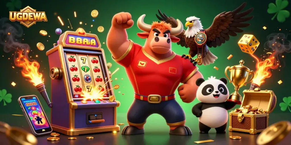 Engage in thrilling gameplay with UGDEWA amidst a vibrant casino atmosphere filled with jackpots and excitement.