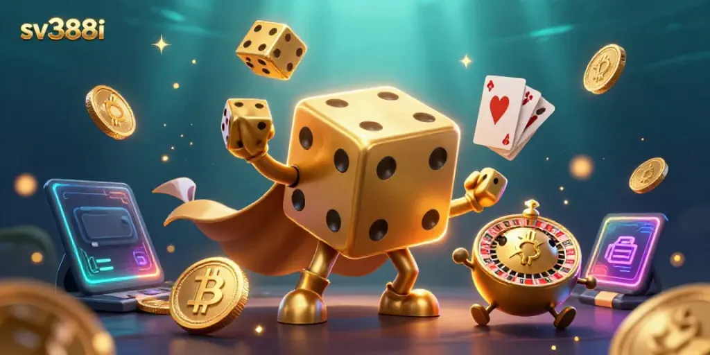 Engage in thrilling play at sv388i, featuring a whimsical 3D dice golem juggling coins and game elements.
