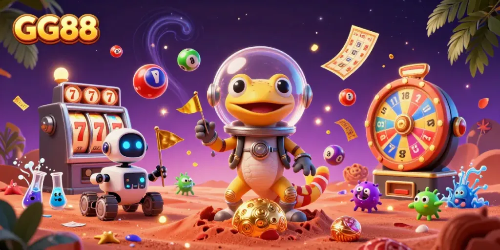 Spin and win at GG88's exciting casino with a Martian gecko and vibrant gaming elements!