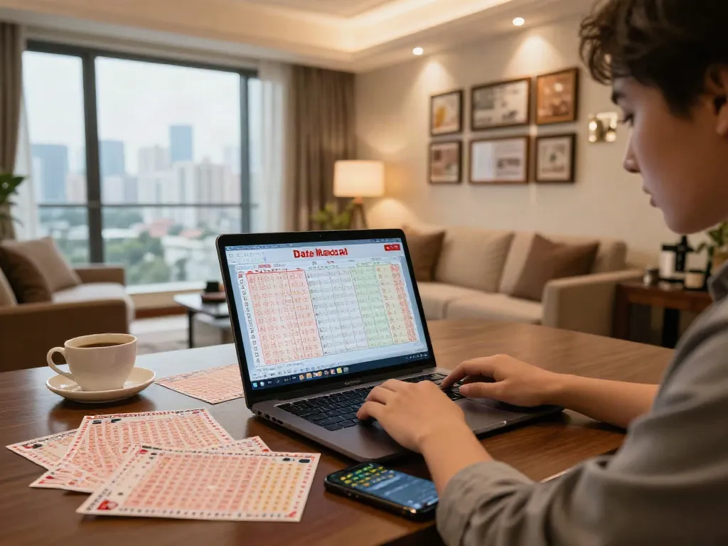 Melihat Data Macau melalui laptop di lingkungan perjudian modern dengan tiket lotere dan ponsel menampilkan pembaruan langsung.