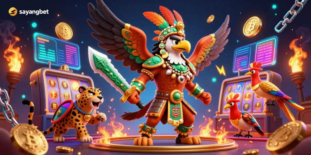 Experience enhanced gaming excitement with Sayangbet in a vibrant 3D casino scene featuring Aztec warriors and slot reels.