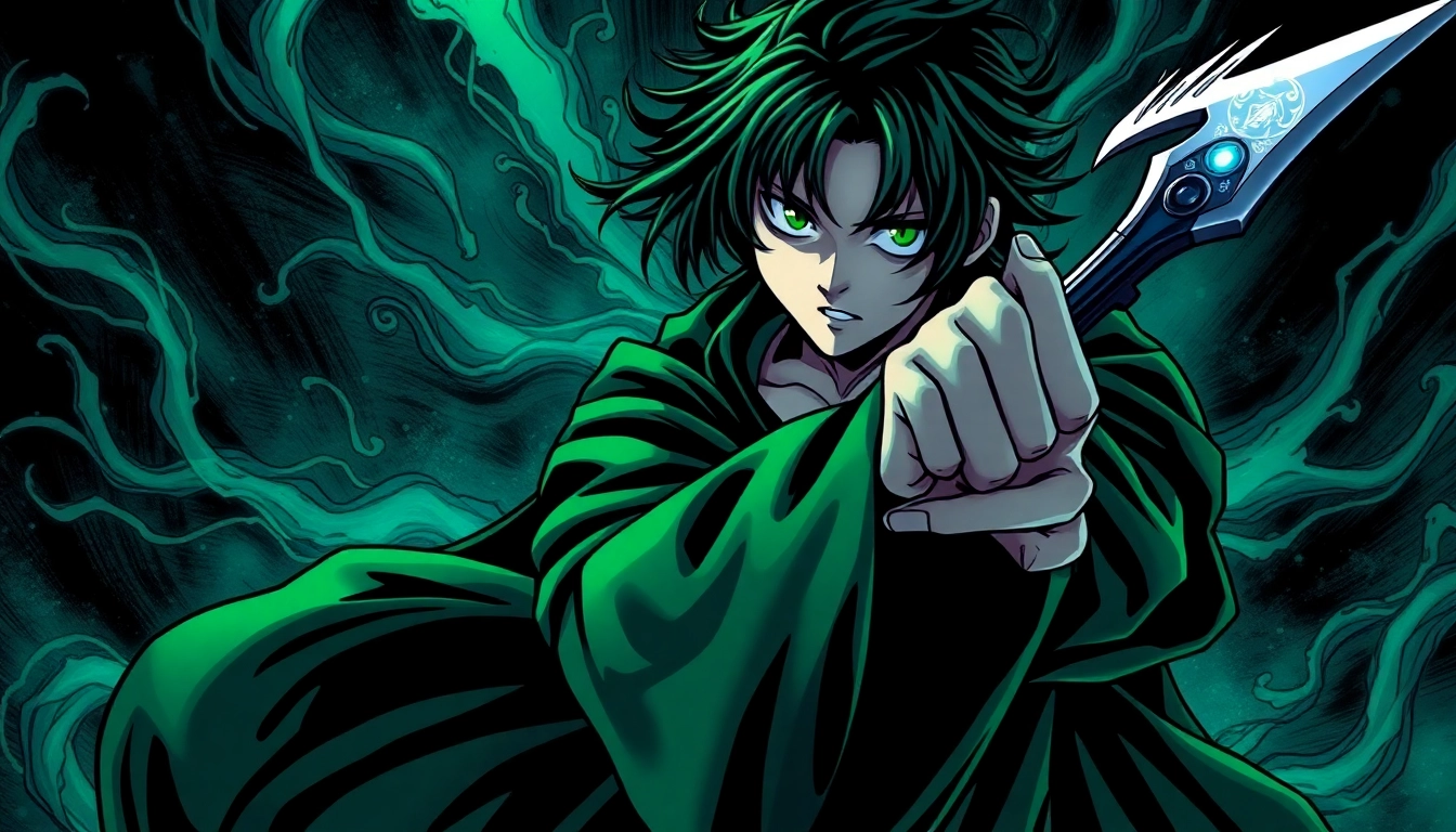 Shinigami karakter dalam pose aksi kuat dengan latar belakang gelap dan elemen supernatural.