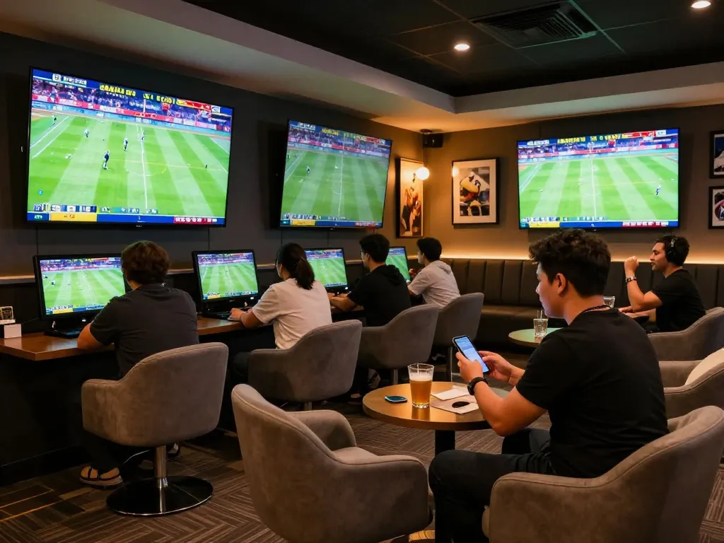 Sports enthusiasts engaging in live betting at DA88, celebrating exciting wins and checking odds.