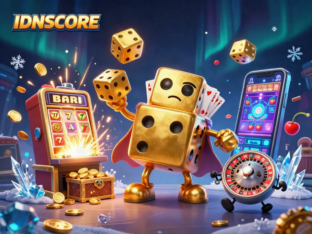 Experience the excitement of IDNSCORE with lively characters and dazzling casino elements in this vibrant illustration.