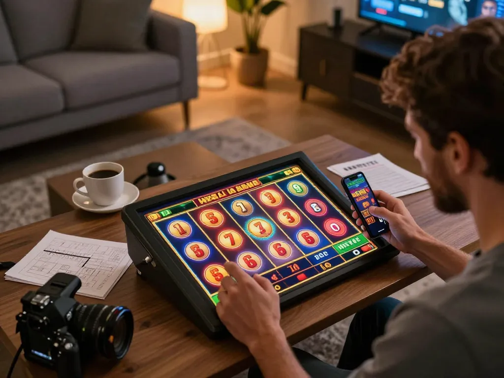 Player wins on a vibrant slot game at home using LLWIN mobile app, celebrating a successful spin