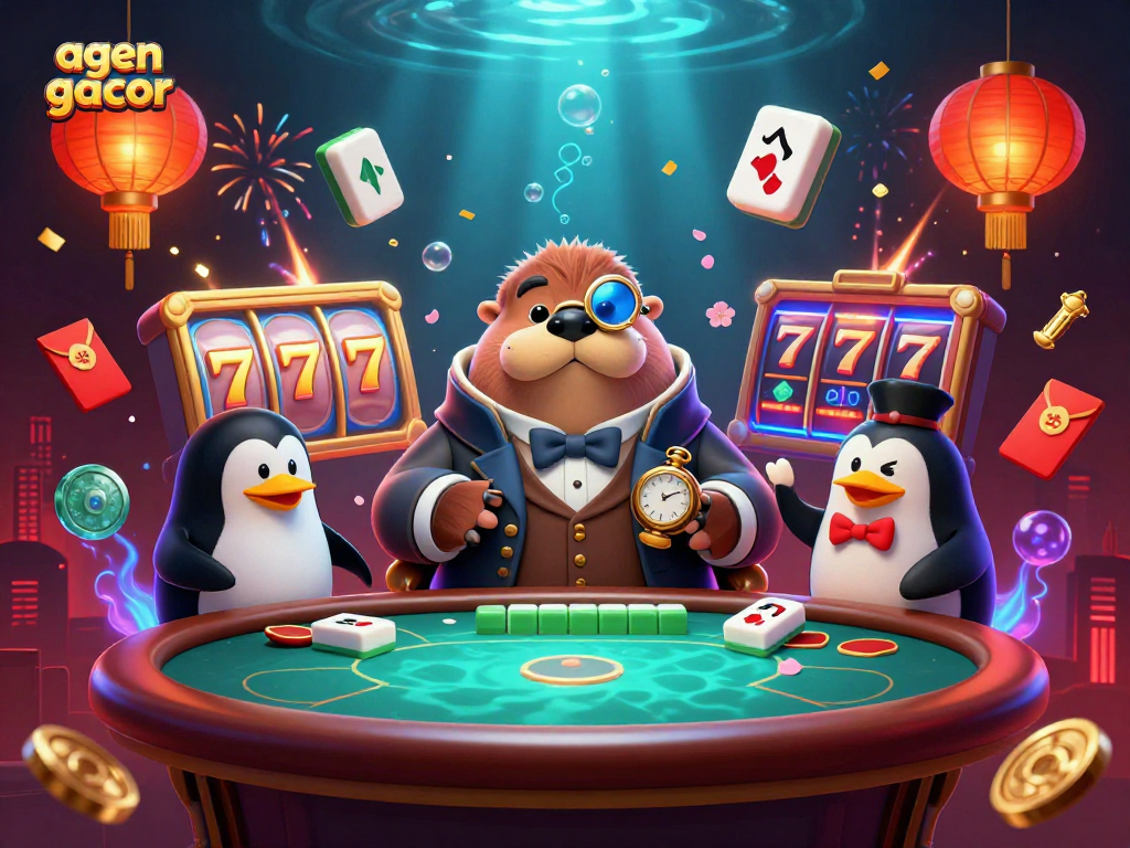Engaging illustration of agen gacor at an underwater casino with vibrant characters and dynamic elements.
