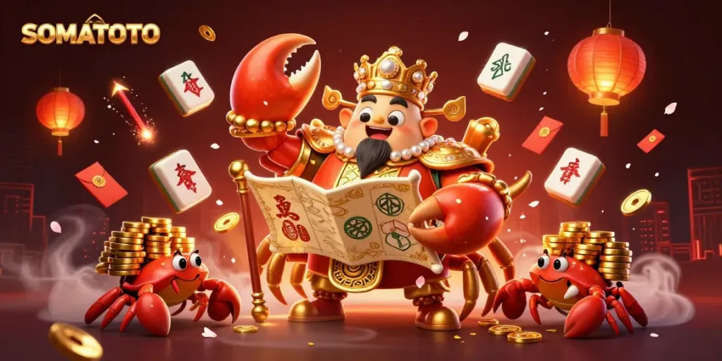 Experience the thrill of SOMATOTO with a golden crab emperor and vibrant casino elements in a dynamic slot scene.