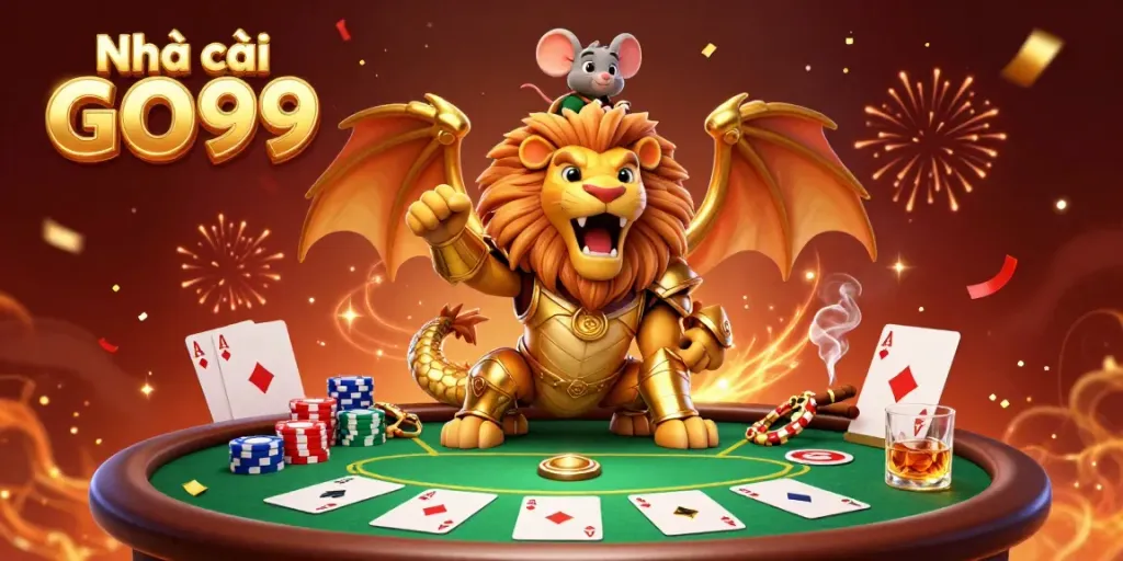Engage with the vibrant energy of Nhà cái GO99 through this dynamic 3D illustration showcasing a playful chimera triumphantly leading a poker scene.