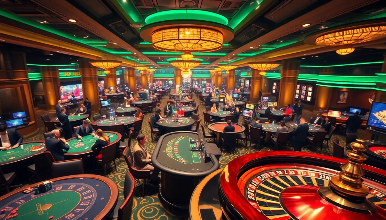 Exciting casino atmosphere featuring XX88 poker tables, players, and a roulette wheel in action.
