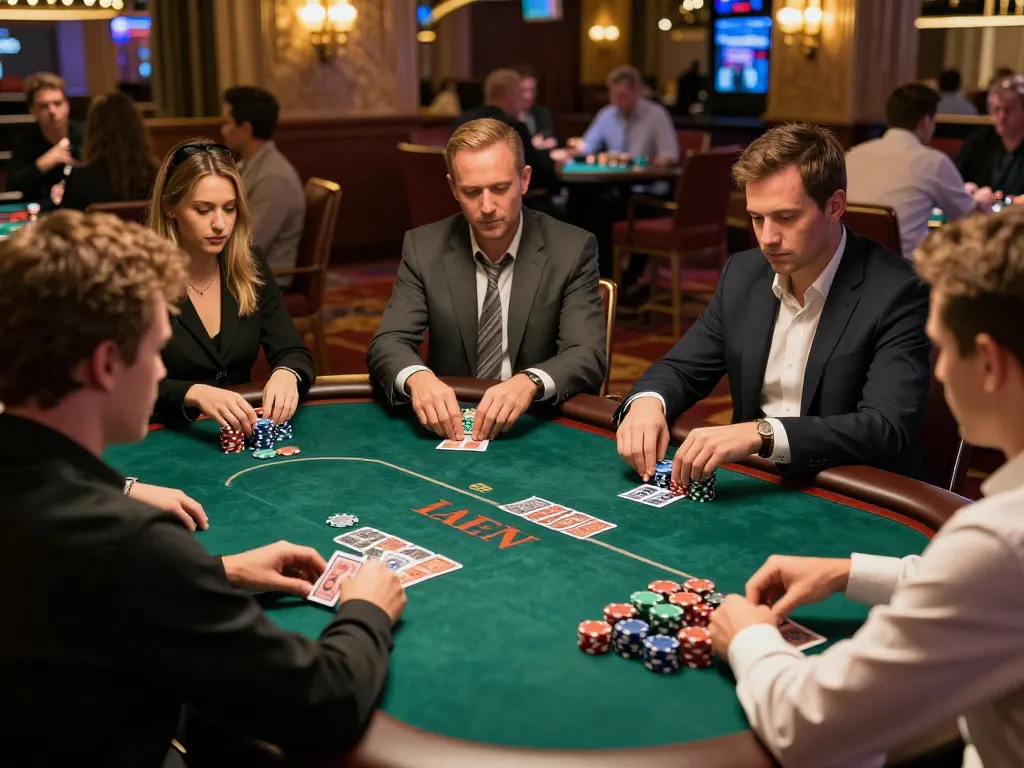 Pemain HOKI368 merencanakan strategi saat pertandingan poker intens di kasino yang ramai.