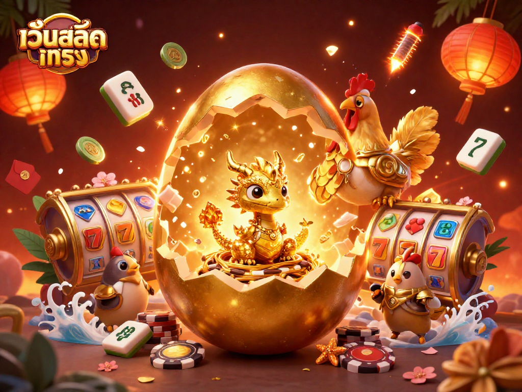 Engage with เว็บสล็อตตรง as a golden dragon hatches from a colossal egg amidst vibrant casino elements.