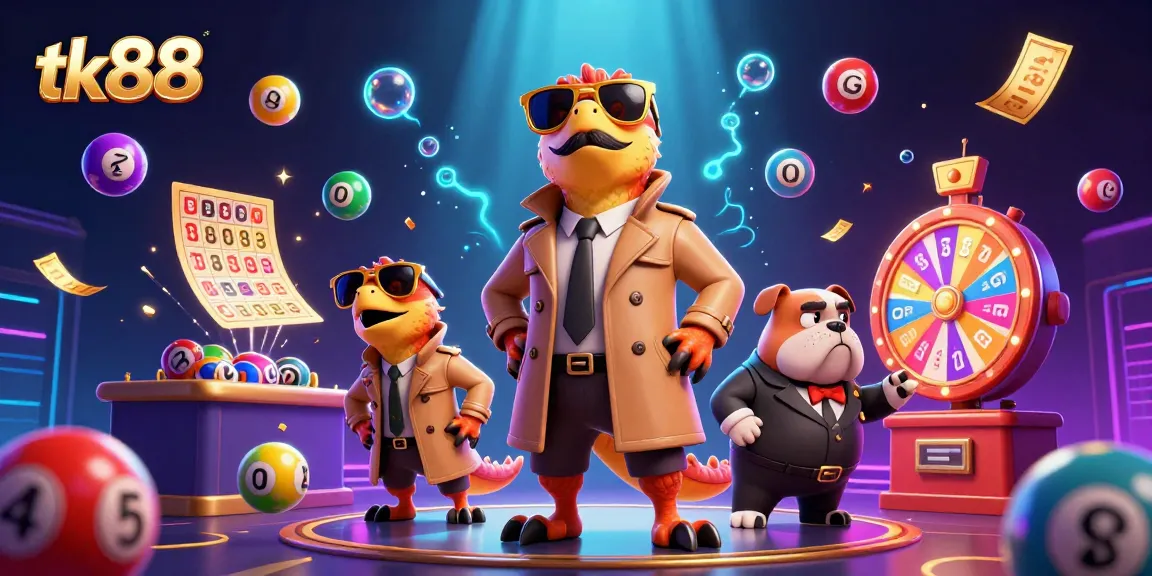 Experience tk88's vibrant lottery scene with colorful balls and fun characters at a virtual casino.