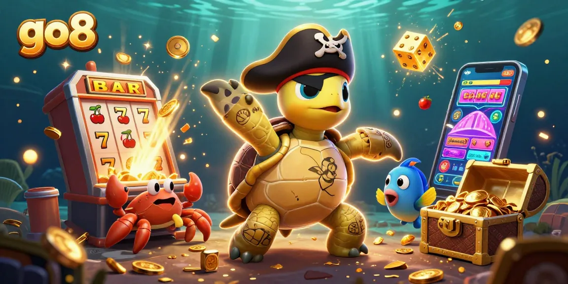 Engage in epic wins at go8 with vibrant casino elements including slot machines and floating treasures.