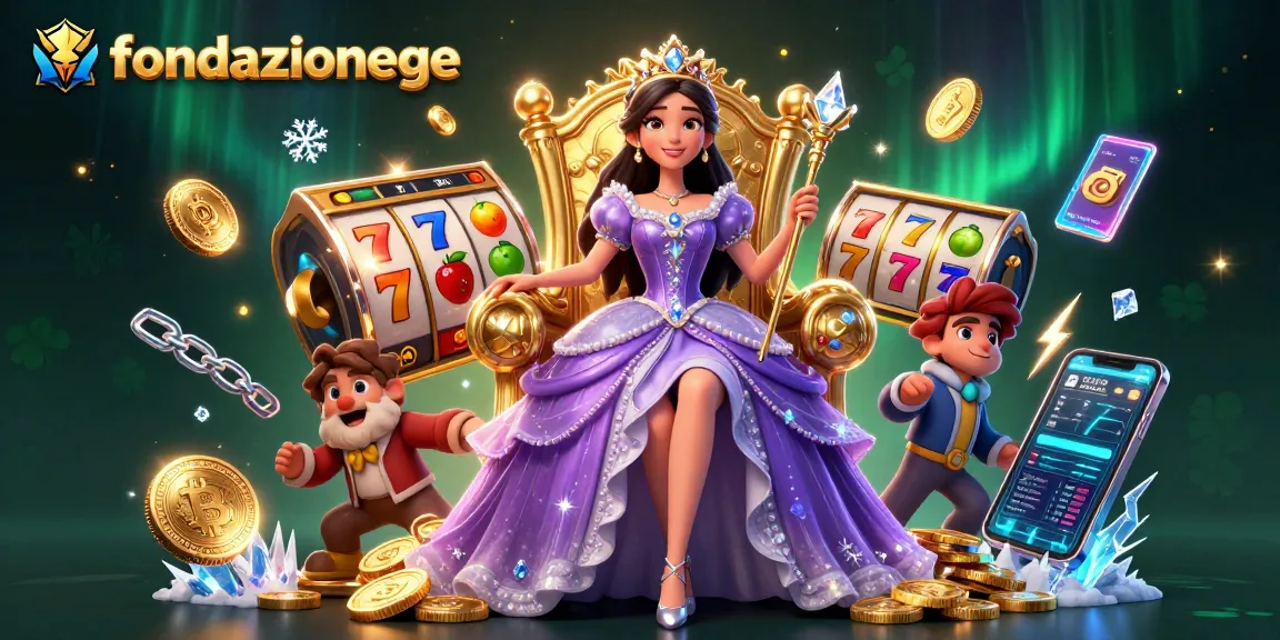 Experience the thrill of gaming with fondazionege, featuring a stunning princess amid jackpot thrills and digital currencies.