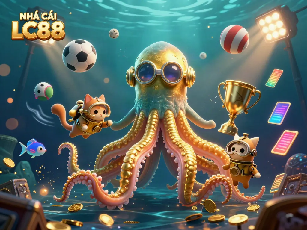 Engage with NHÀ CÁI LC88 through dynamic sports action featuring a mythical kraken and playful diving cat.
