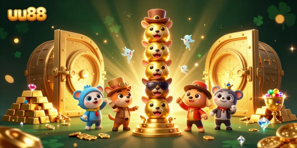 Experience the excitement of uu88 with a vibrant gaming scene filled with treasure and 3D characters.